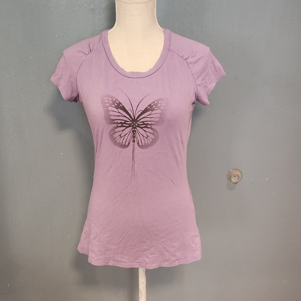 Kirkland bamboo cotton blend faded butterfly ruched shoulder tunic lengt…